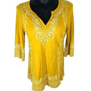 INC - Tunic Top Women's M Yellow White Bohemiam Print Long Sleeve V-Neck